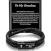 Alissl Leather Cross Bracelet for Men Christian Bible Verse Black Stainless Steel Bracelet, Inspirational Birthday Christian Valentine Gifts Ideas for Soulmate Boyfriend Man Dad Husband Grandson Son
