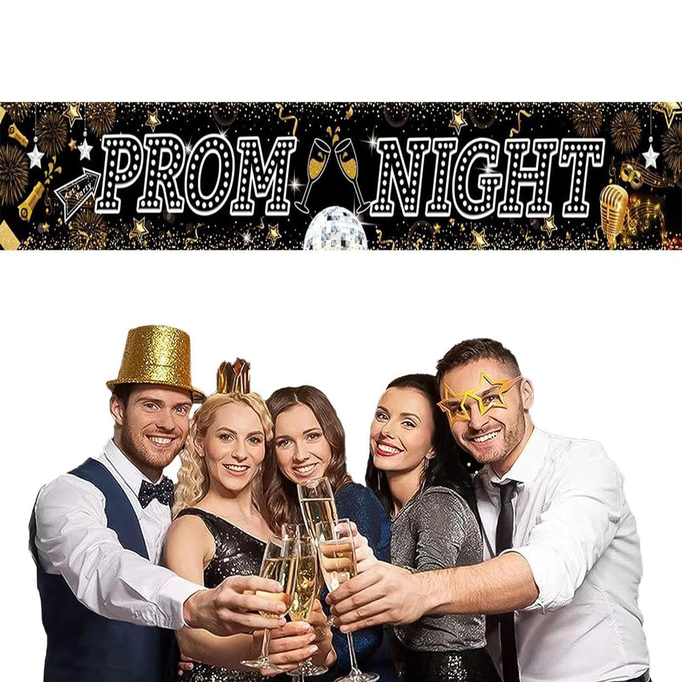 PMELCXD Prom Night Banner for Prom Decorations, Black Gold and Silver Bar Graduation Party Banner - Prom Photo Background Banner - Party Prom Event Decoration Supplies, 270 * 40cm