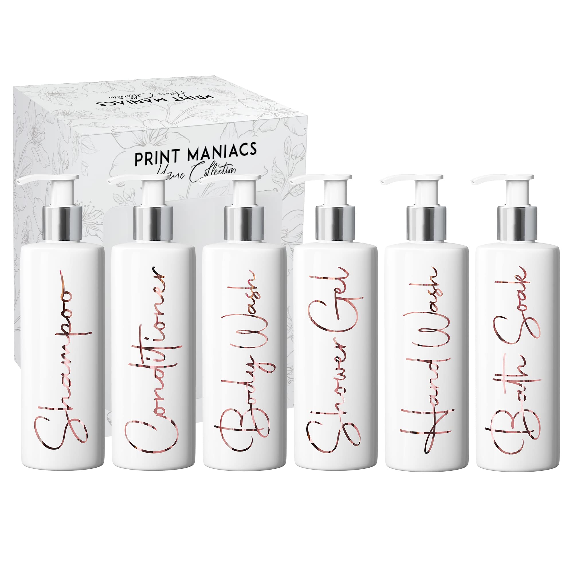 Print Maniacs Mrs Hinch Inspired White Personalised Dispenser Silver Pump Bottles Set 6 (ROSE GOLD, F2)