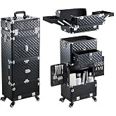 Costravio Rolling Makeup Case 5 in 1 Cosmetology Case on Wheels with Drawer | Rolling Makeup Train Case Travel Salon Cart Trolley Nail Tech Cosmetic Organizer Barber Spa Massage Storage Tattoo Carry Case