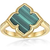 Lavari Jewelers Black Onyx, Malachite or Mother of Pearl Four Petal Flower Ring for Women in 925 Sterling Silver and Yellow Gold Plating with Cubic Zirconia Size 6 to 8