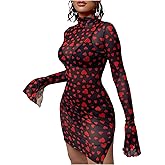 WDIRARA Women's Heart Print Split Hem Sheer Mesh Bodycon Dress Mock Neck Long Bell Sleeve Sexy Dresses