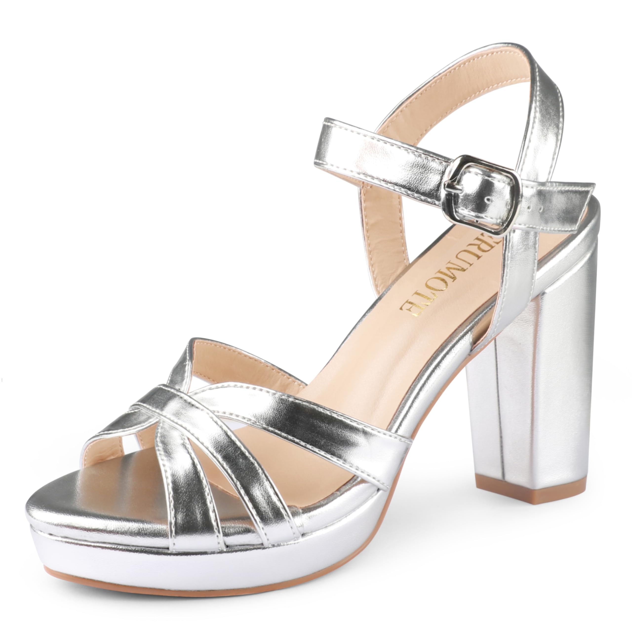 Photo 1 of MERUMOTE Women's Open Toe Chunky High Heels Ankle Strap Platform Pump Shoes Buckle Party Sandals Silver Matte US8.5