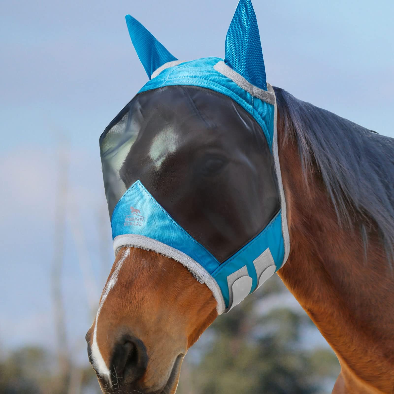 Harrison Howard CareMaster Pro Luminous Horse Fly Mask Standard with Ears UV Protection for Horse Sky Blue M Cob