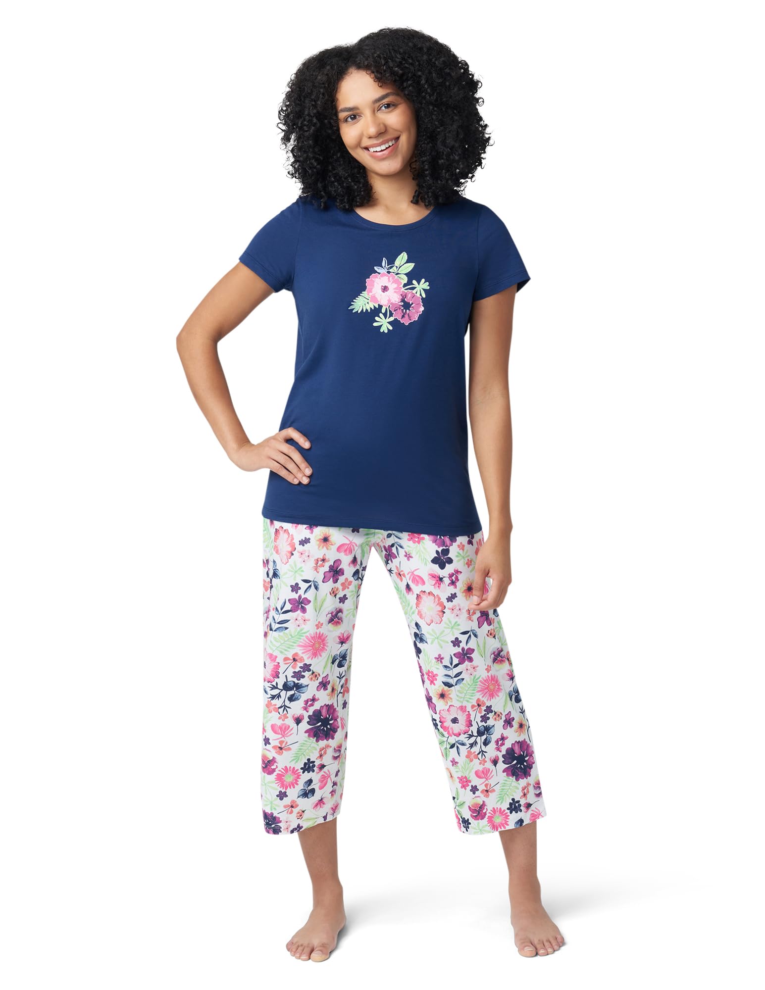 HUE Women's Printed Knit Short Sleeve Tee and Capri 2 Piece Pajama Set Sleepwear, Medieval Blue - Flowers, Medium Image