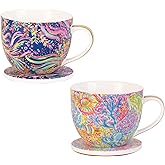 KAMMAK Coffee Mugs Ceramic Tea Cups Set of 2, 15 oz Porcelain Espresso Cups with Coaster Large Novelty Mugs with Handle for Cappuccino, Latte, Americano, Breakfast Cereal, Hot Cocoa (Purple + Ocean)