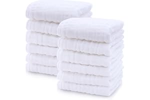Cute Castle 12 Pack Muslin Baby Washcloths - Large 12'' by 12'' - Ultra Soft 100% Cotton - Super Absorbent Burp Cloths for Unisex, Boy, Girl -White