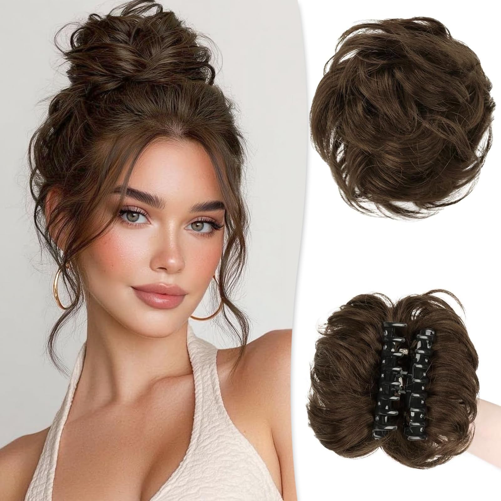 RUWISS Claw Clip in Messy Bun Hair Piece 100% Human Hair Buns Wavy Curly Chignon Hair Bun Extension Tousled Updo Hair Bun Real Human Hair Scrunchie with Clip for Women (Medium Brown)
