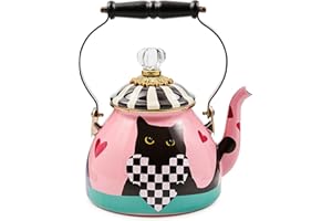 MACKENZIE-CHILDS Enamel Tea Kettle, Cute Tea Kettle for Stovetop, 2 Quarts, Cat Love