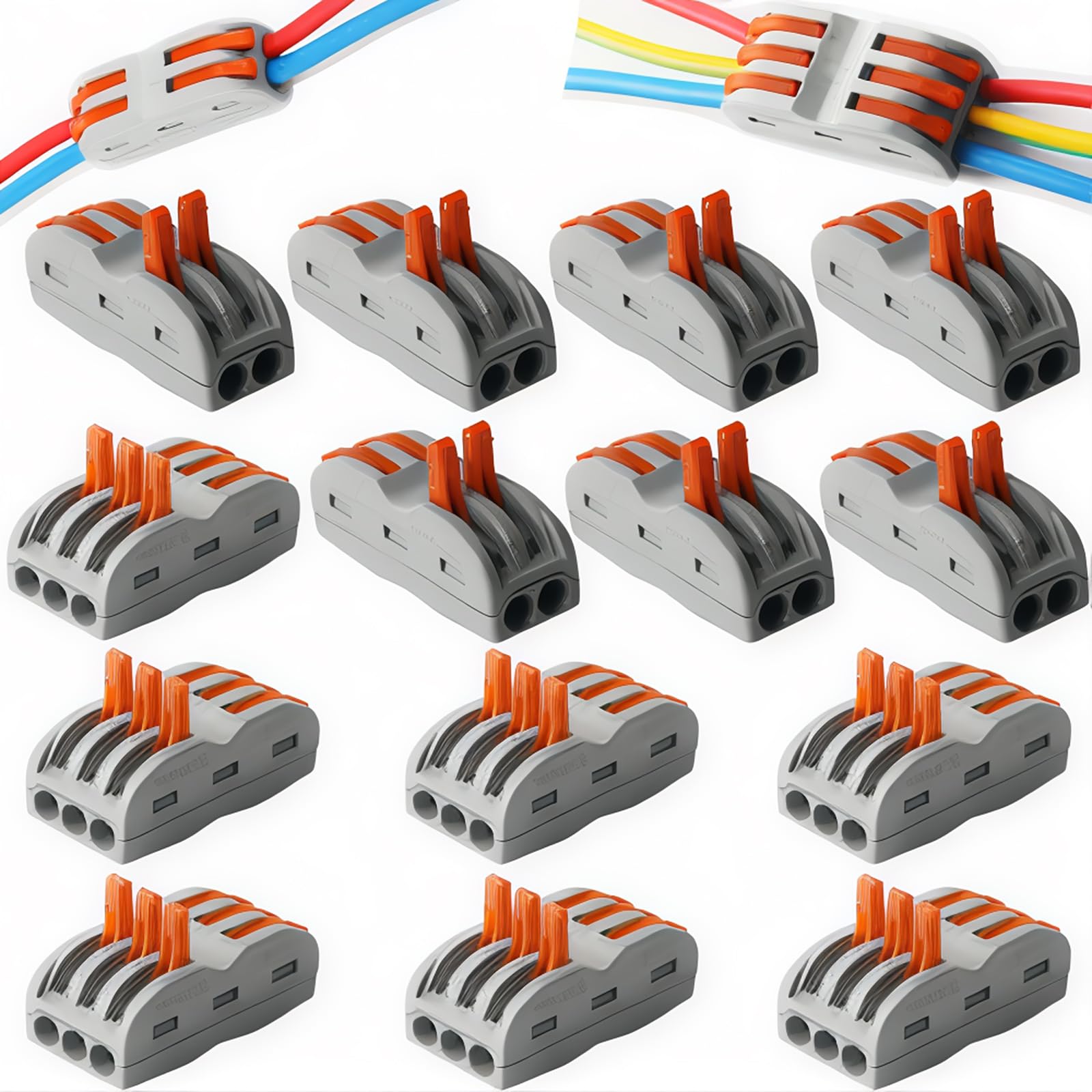 CESFONJER Lever Nut Connector, 4-Hole/6-Hole Pressure Bar, Flame Retardant Nylon PA6.6, Copper Contact, for Lighting Equipment & Small Appliances (SPL-2, SPL-3, 7 pcs each)