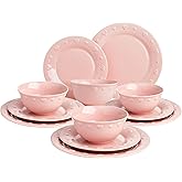 Paris Hilton 12-Piece Dinnerware Set, Embossed Hearts. Iconic Ceramic Stoneware Service for 4 with Dinner Plates, Salad Plates, and Bowls, Microwave & Dishwasher Safe, Pink