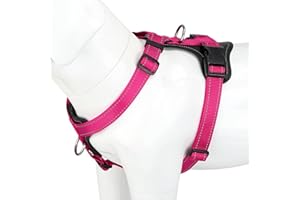 Plutus Pet Adjustable No Pull Dog Harness with Leather Accents, Heavy Duty Reflective Nylon Vest for Training, Hiking, Easy Walk Harness for Small, Medium, Large Dogs (Hot Pink, M)