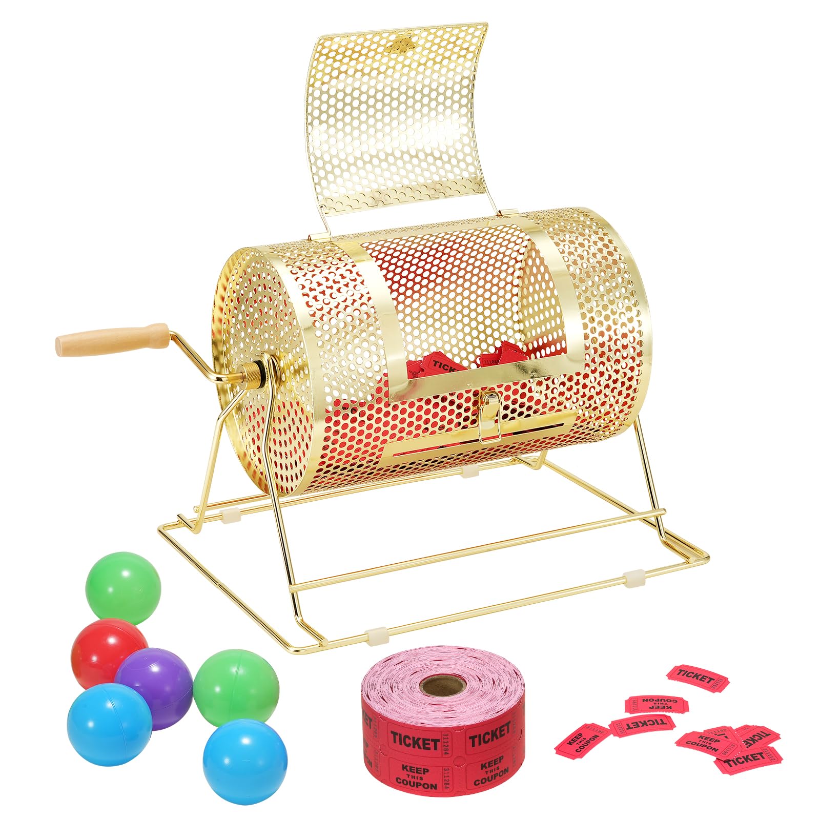 Photo 1 of VEVOR Raffle Ticket Spinner - 12 x 8 Inch Raffle Drum Lottery Spinning Drawing, Brass Plated Raffle Tickets Roll Box with Wooden Turning Handle Holds 2500 Tickets or 100 Ping Pong Balls for Events