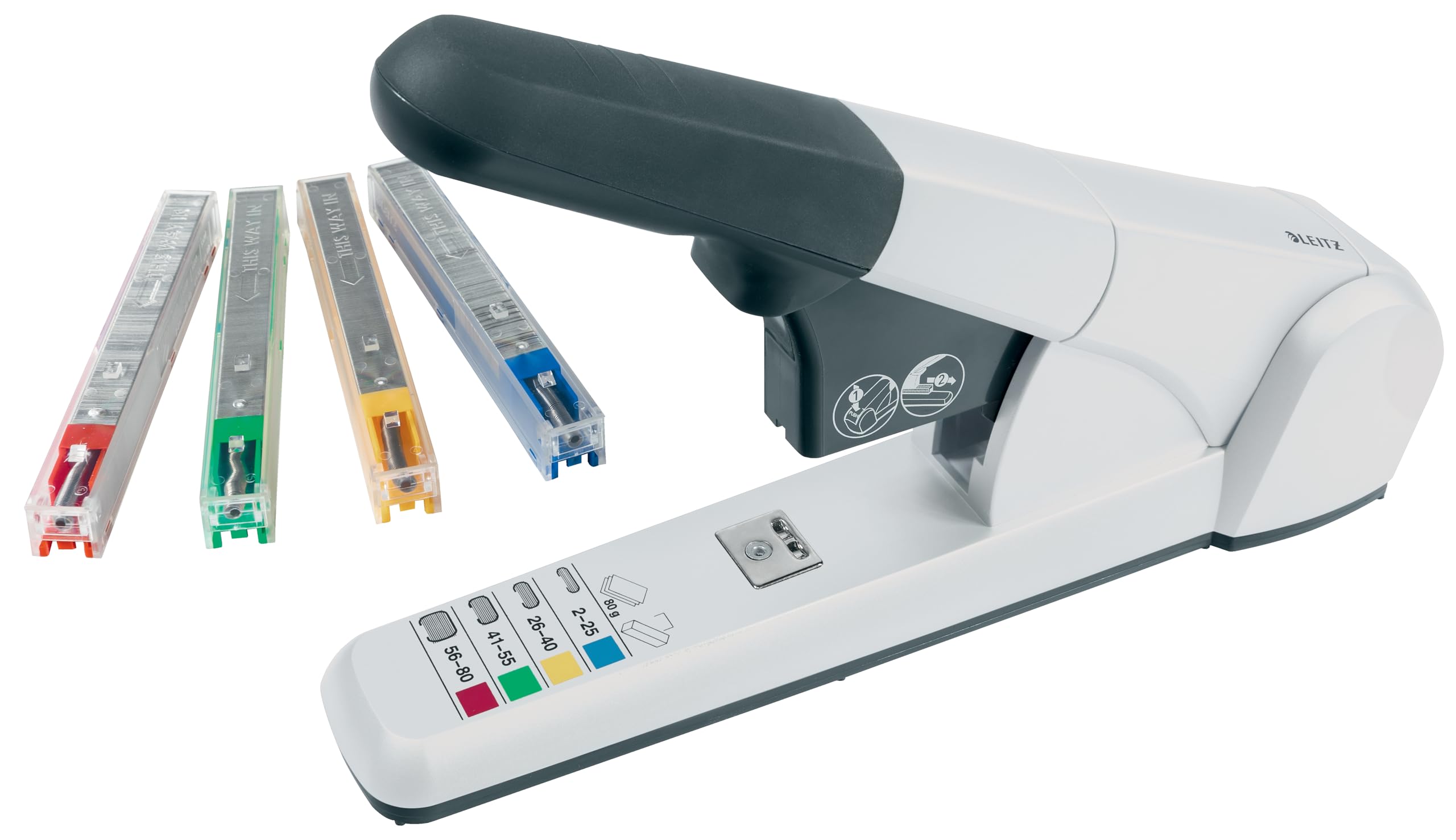 Leitz Heavy Duty Stapler, 80 Sheet Capacity, Ergonomic Metal Body, Includes Staples, 55510084 - Silver