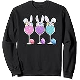 Women's Easter Wine Glasses With Bunny Ears And Eggs Tee Sweatshirt