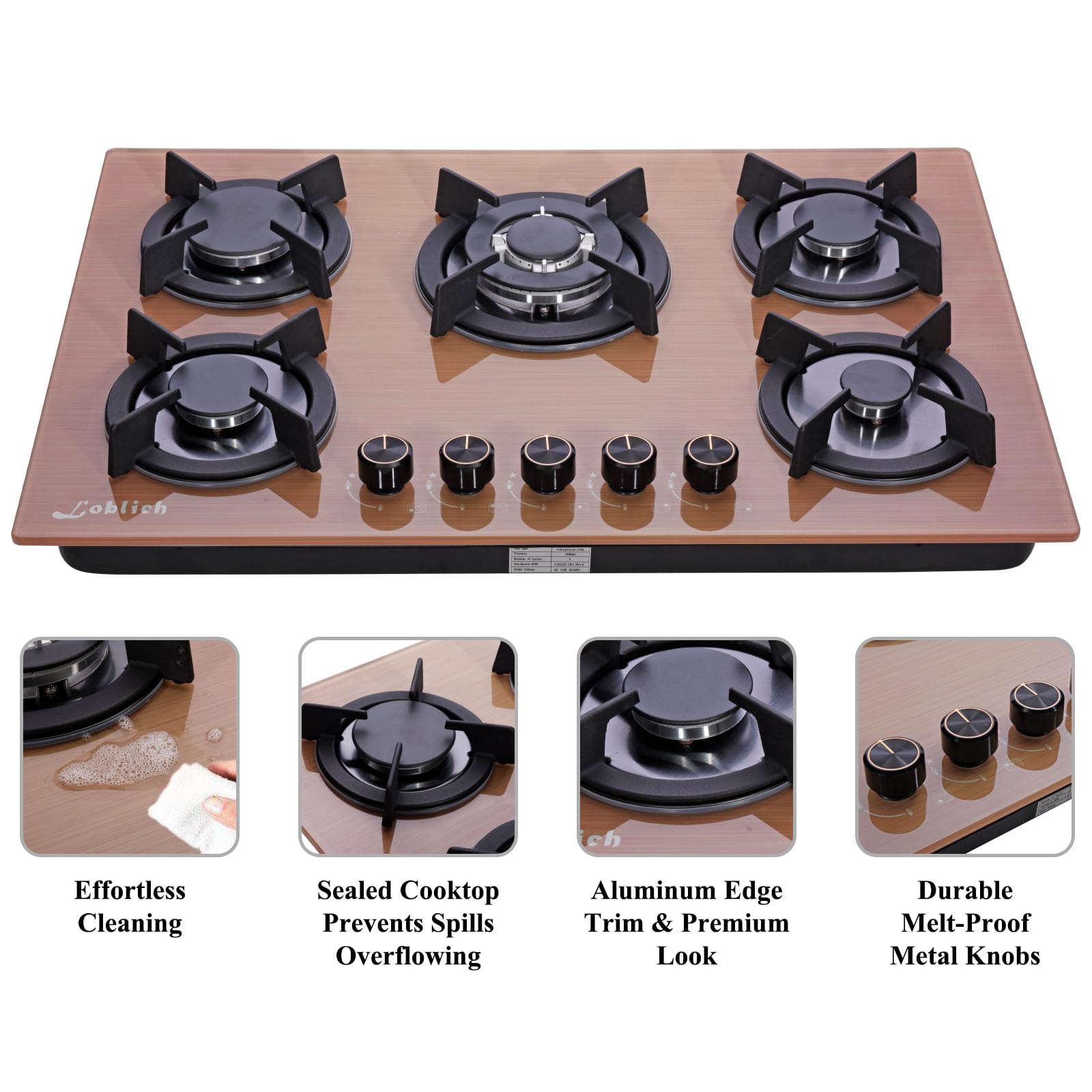 30 Inch Gas Cooktop, Built-in Tempered Glass Stovetop With 5 High Efficiency Burners - LPG/NG Convertible Gas Hob