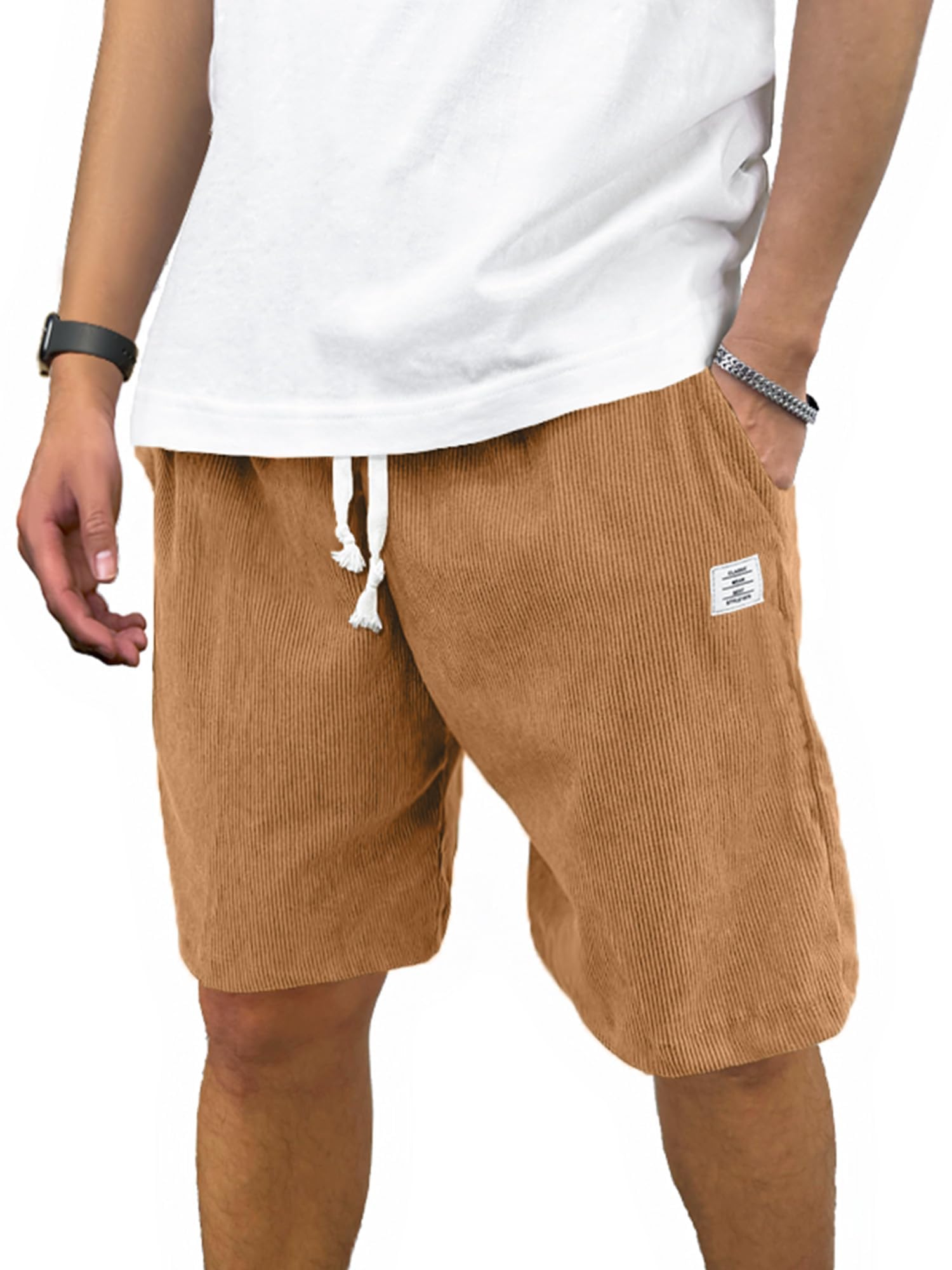 PLEPAN Mens Corduroy Shorts Casual Elastic Waist Drawstring Summer Beach Short