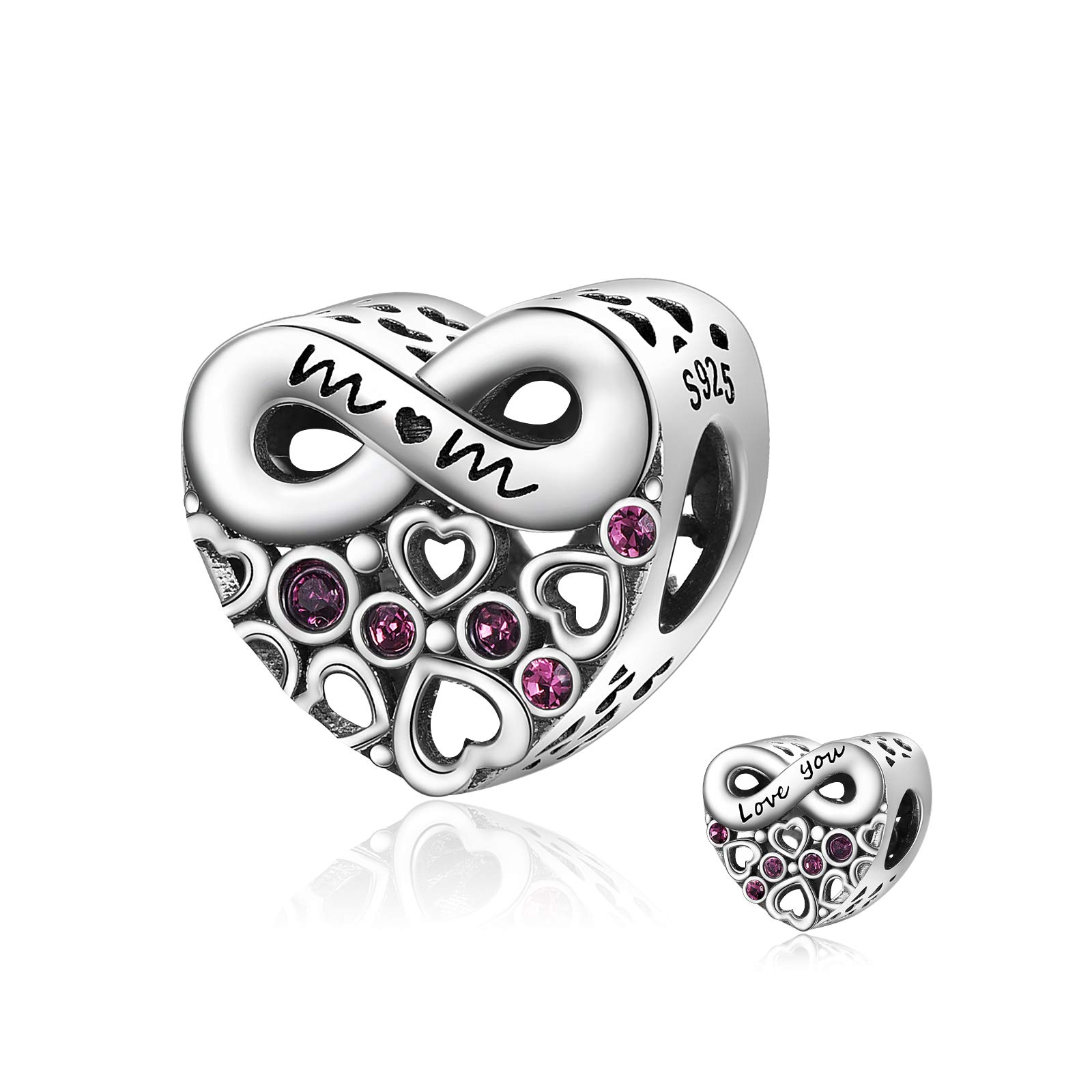 AOBOCO Love Heart Charms Bead for Bracelet, 925 Sterling Silver Infinity Charm with Crystals Jewellery Birthday Gifts for Mum