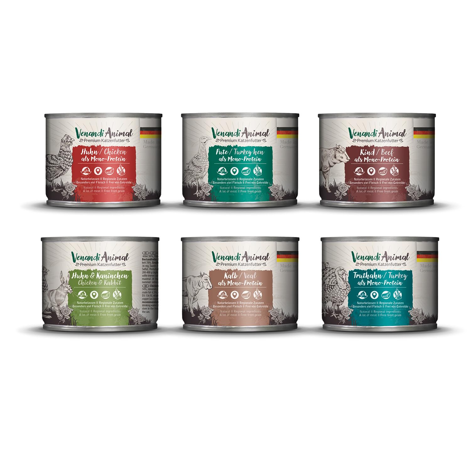 Venandi Animal Premium wet food for cats, trial pack III, chicken, turkey, beef, chicken + rabbit, veal, turkey, 6 x 200 g, grain-free and natural, 1.2 kg