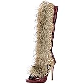XEYANFYS Open Toe Knee High Heeled Sandals with Faux Fur Hollow High Heel Sandals Back Zipper Stiletto Heels