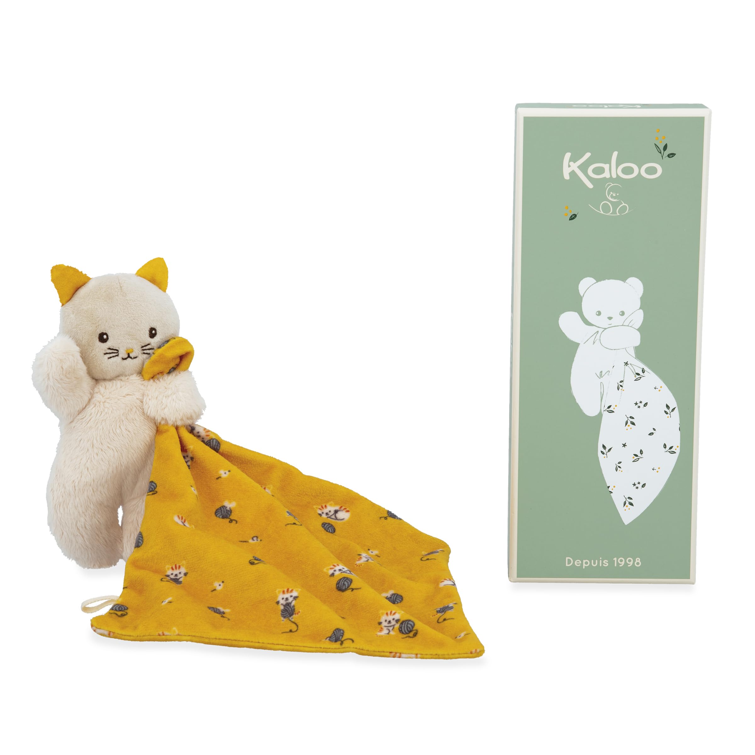 Kaloo - Carré Douceur - Yellow Cat Comforter - Baby Plush - Comforter: 18 x 18 cm - Yellow - Eco-Friendly Materials - FSC Gift Box - 0 Months +, K226003