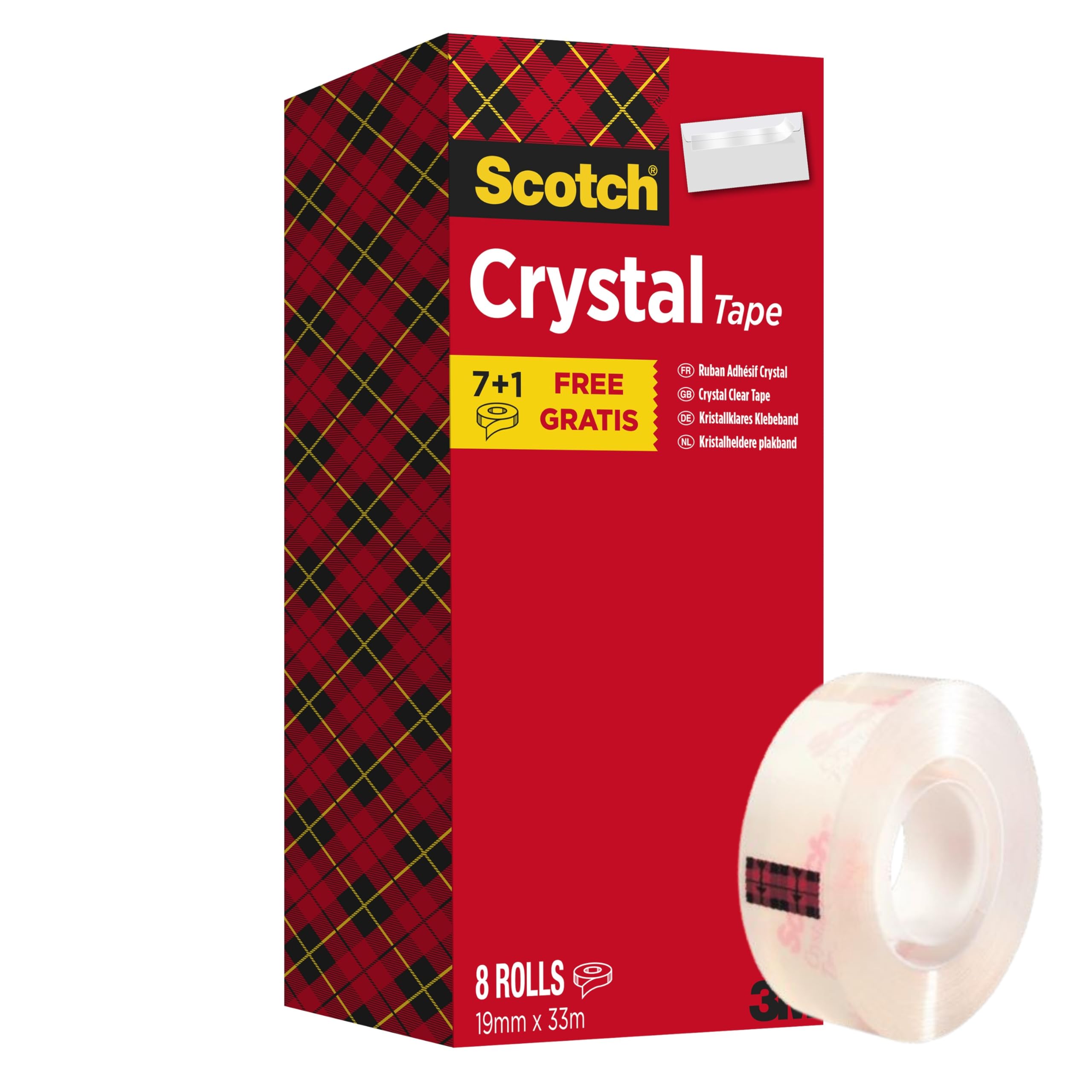 Scotch Crystal Clear Tape, Value Pack - 8 Rolls, 19 mm x 33 m - Provides a Strong and Permanent Bond