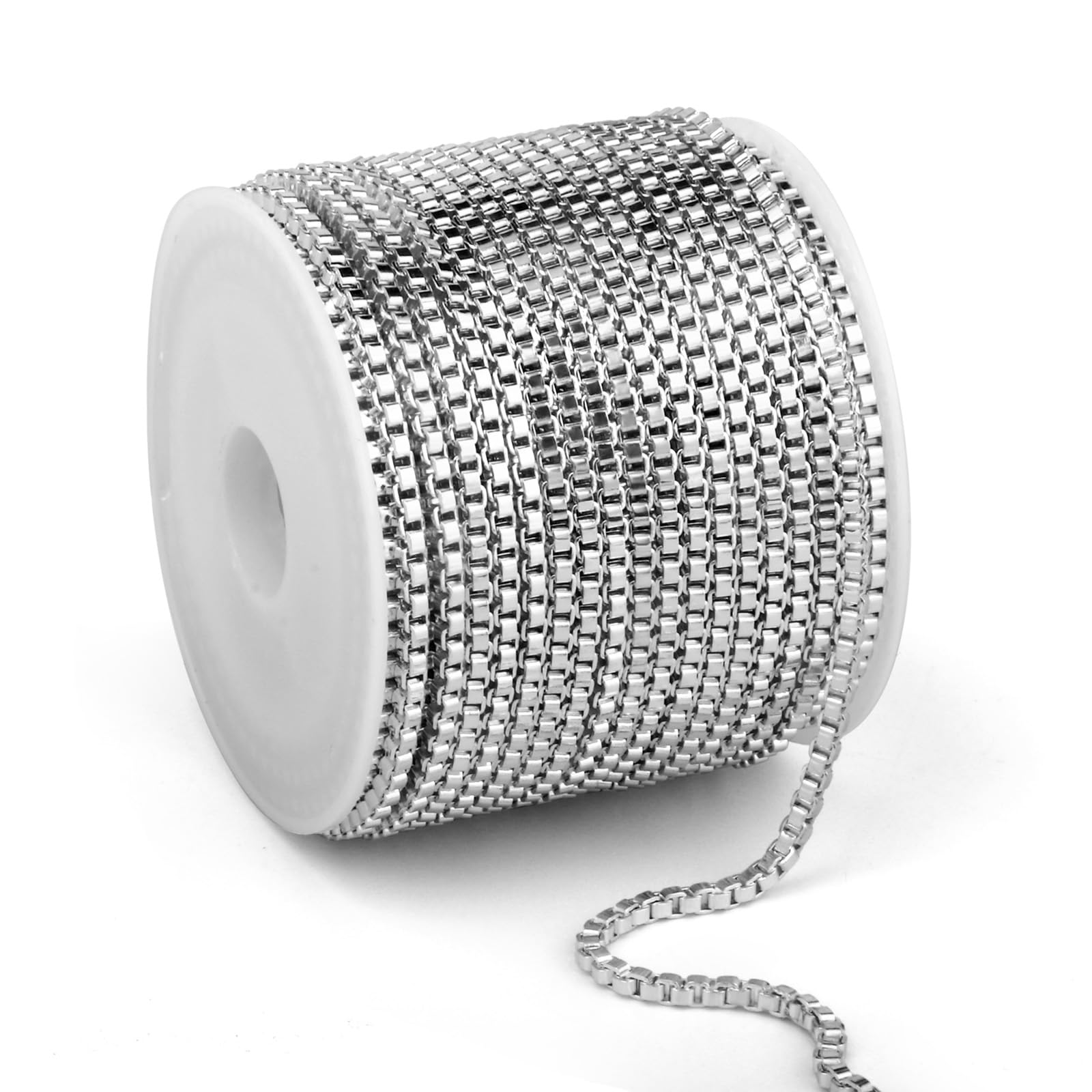 Photo 1 of [33 FT] Silver Box Chains Roll, 1.5mm Wide Silver Plated Brass Box Chains Spool Bulk for Jewelry Making