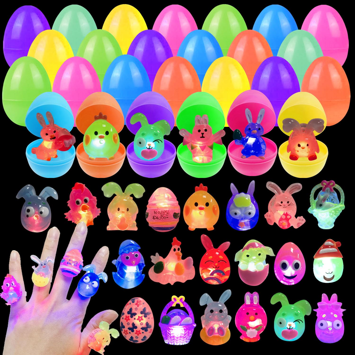 Cherislpy 24 Pack Prefilled Easter Eggs with 3D Finger Lights Up Rings Toys Grow in the Dark Great for Kids Girls Boys Easter Basket Stuffers Party Favors Eggs Fillers