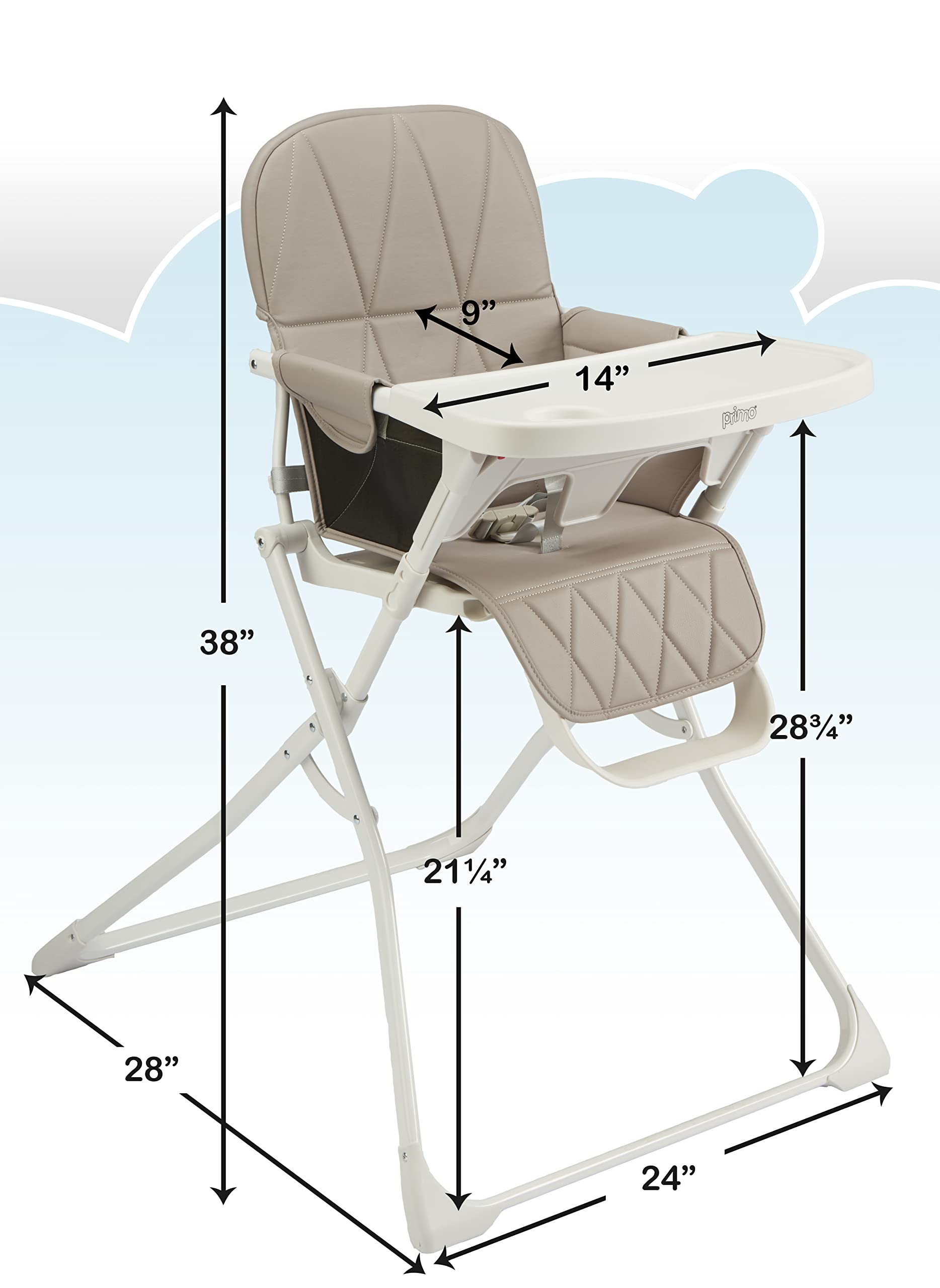 Primo PopUp Folding High Chair for Baby Age 6 to 36 Months - Taupe Folding Beach Style High Chair with Removable Dishwasher Safe Tray, 3pt Safety Harness, Leatherette Seat - Space Saving Design