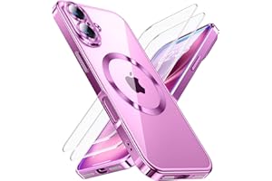 JUESHITUO for iPhone 16 Case with 2X Screen Protection [Built-in Lens Protector] [Stronger N56 Magnets] [Not-Yellowing] Compatible with Magsafe Women Girls Color Clear Case (6.1")-Pink