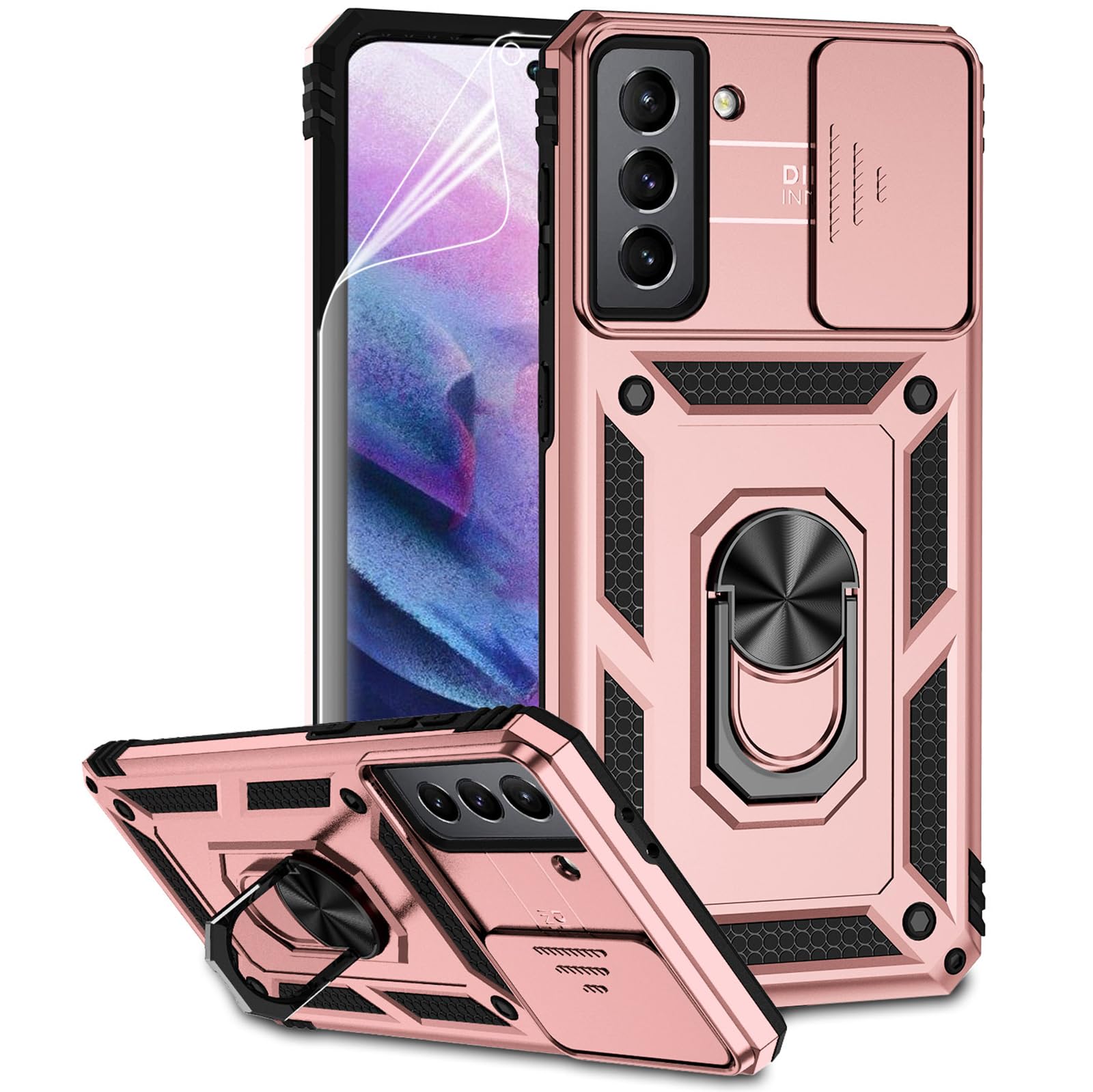 for Samsung Galaxy S21 Case with Camera Lens Cover HD Screen Protector, Dual Layer Military-Grade Drop Tested Magnetic Ring Holder Kickstand Protective Phone Case for Samsung Galaxy S21 5G (Rose Gold)