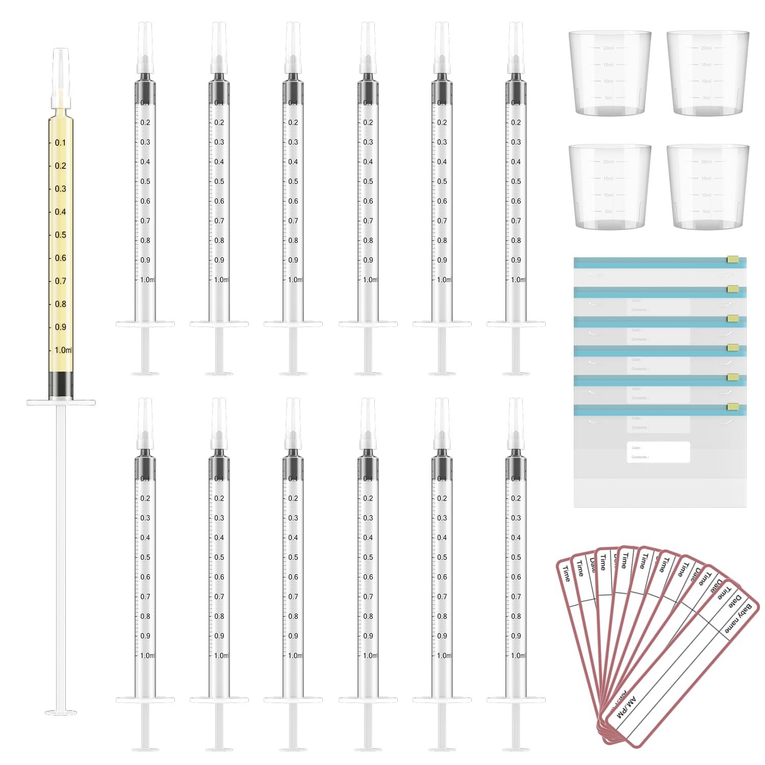 Photo 1 of 60 Sets 1Ml Colostrum Collector Kit Include 60 1ml No Needle Sterile Syringes with Cap, 4 Measuring Cup, 6 Zip-Lock Storage Bags, 60 Labels for Breast Milk Collector