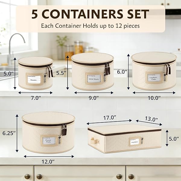 CHINA STORAGE HARD SHELL CONTAINERS 5-PIECE SET MOVING BOXES FOR DINNERWARE, GLASSES, PLATES, MUGS AND SAUCERS STURDY DISH ORGANIZER WITH DIVIDERS FOR SEASONAL STORAGE – SERVICE FOR 12 – BEIGE QUILTED
