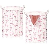 CroBlissful Coquette Pink Bow Laundry Basket Pink Bow Nursery Laundry Basket Hamper Waterproof Collapsible Storage Bin Organizer for Bedroom Bathroom Room Dorm Clothes Toys