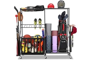 Garage Sports Equipment Organizer with Wheels - Golf Bag Storage Rack and Ball Storage Bins, Heavy Duty Rolling Garage Organi