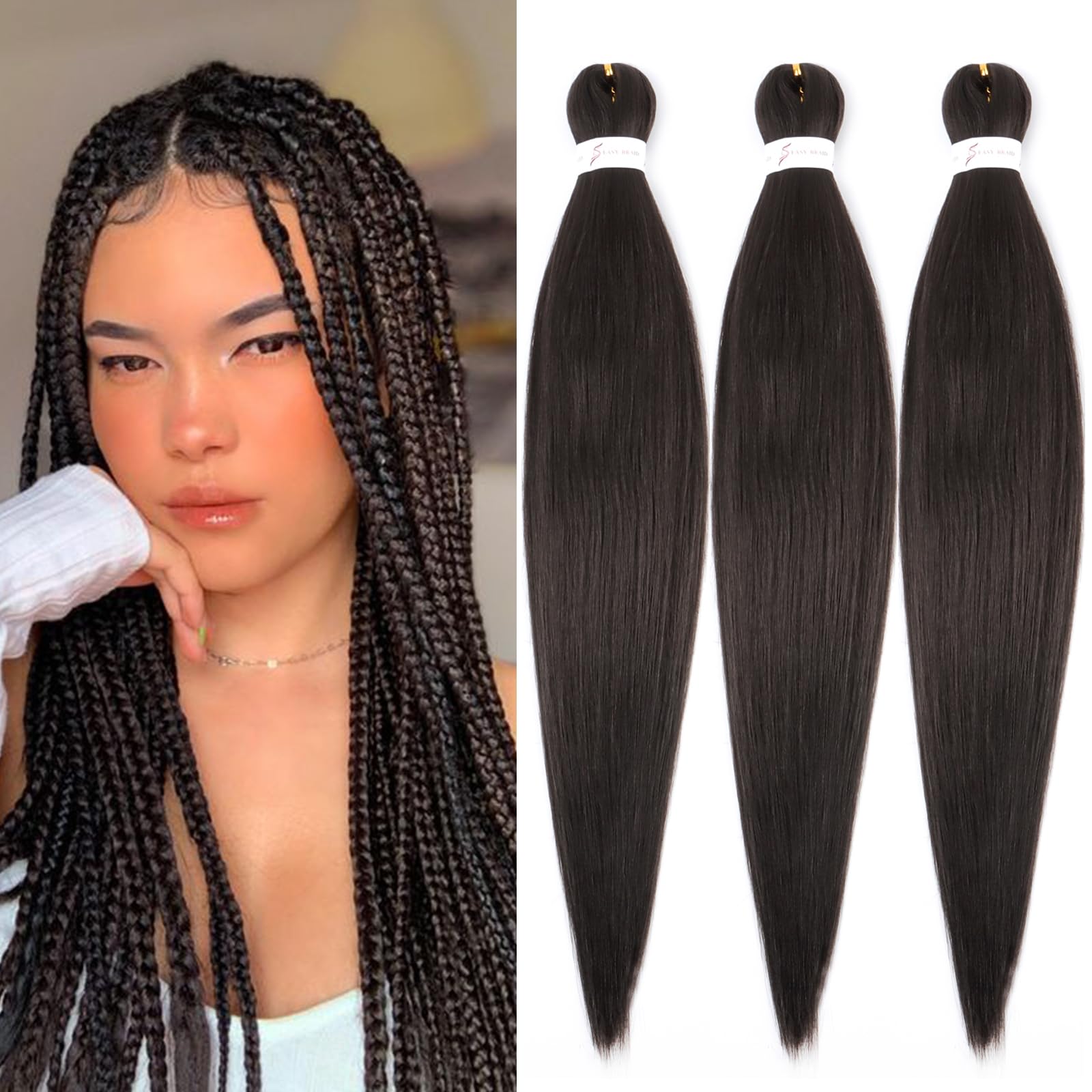 Photo 1 of Dark Brown Braiding Hair Pre Stretched 20 Inch 3 Packs 4# Pre-stretched Braiding Hair EZ Braid Synthetic Hair Extensions for Crochet Box Braids
