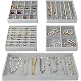 Fixwal Jewelry Organizers and Storage, 14in Stackable Jewelry Drawer Organizer, Set of 5 Jewelry Trays with Removable Dividers, Multi-Layer Tray for Earrings Necklaces Bracelets Watches, Grey