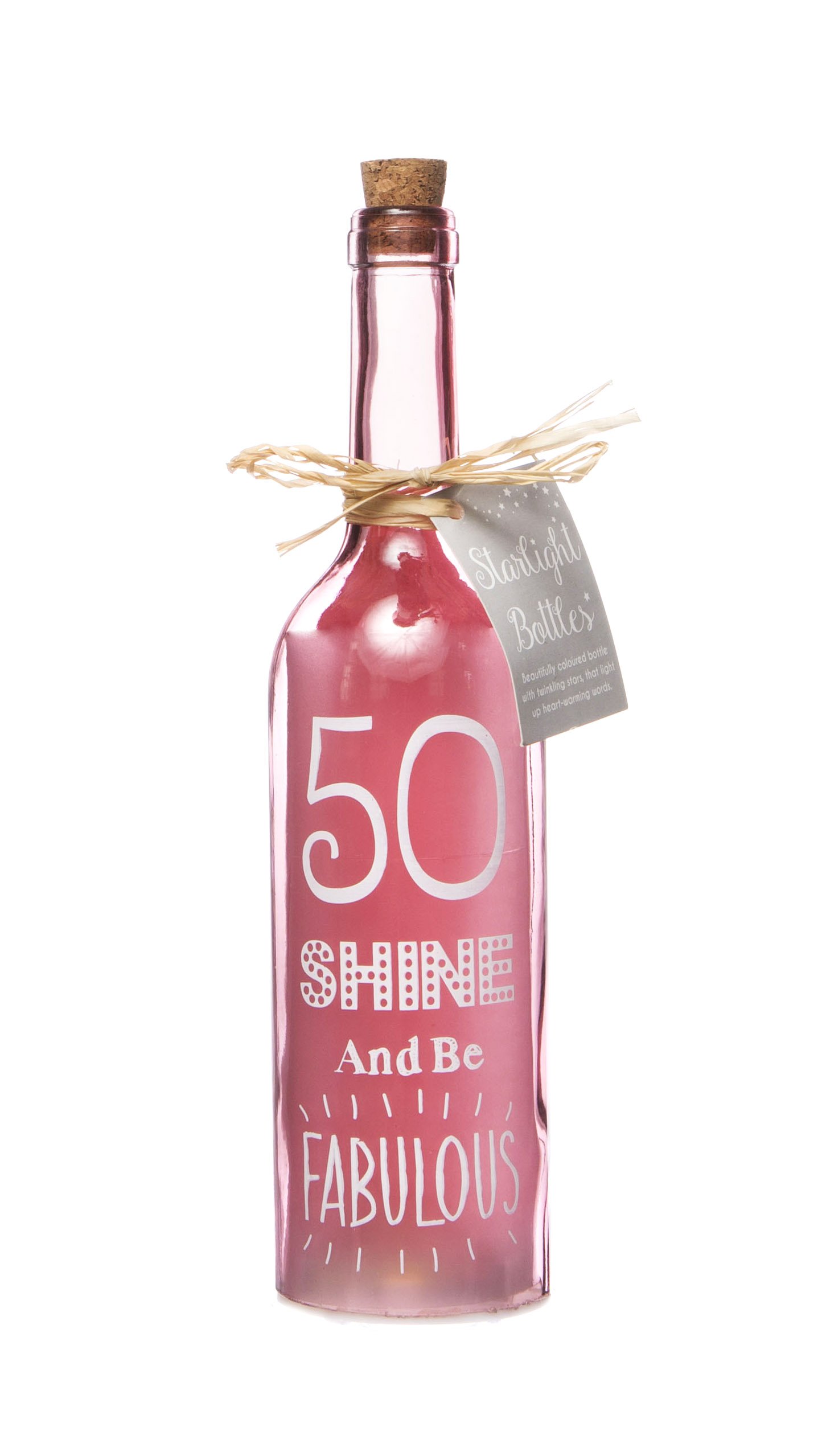 Boxer Gifts SB1250 Light-Up LED 50 Glass Starlight Bottle | Beautiful, Decorative Homeware Perfect for a 50th Birthday | Complete with Gorgeous Gift Tag, 6.7cm x 29.5cm, Pink