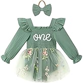 DLLYING Baby Girl First Birthday Outfit Long Sleeve Smocked Fairy Berry One Romper Tulle Dress + Headband