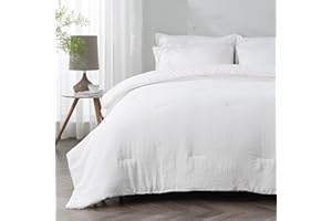 Qucover White King Size Comforter Set, Boho Bedding King Comforter Set, Jacquard Striped Textured, 7 Pieces Ultra Lightweight Soft Microfiber King Bedding Set for All Seasons