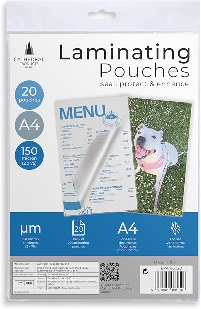 Cathedral Products 20 Pack A4 Laminating Pouches 150 Micron Gloss