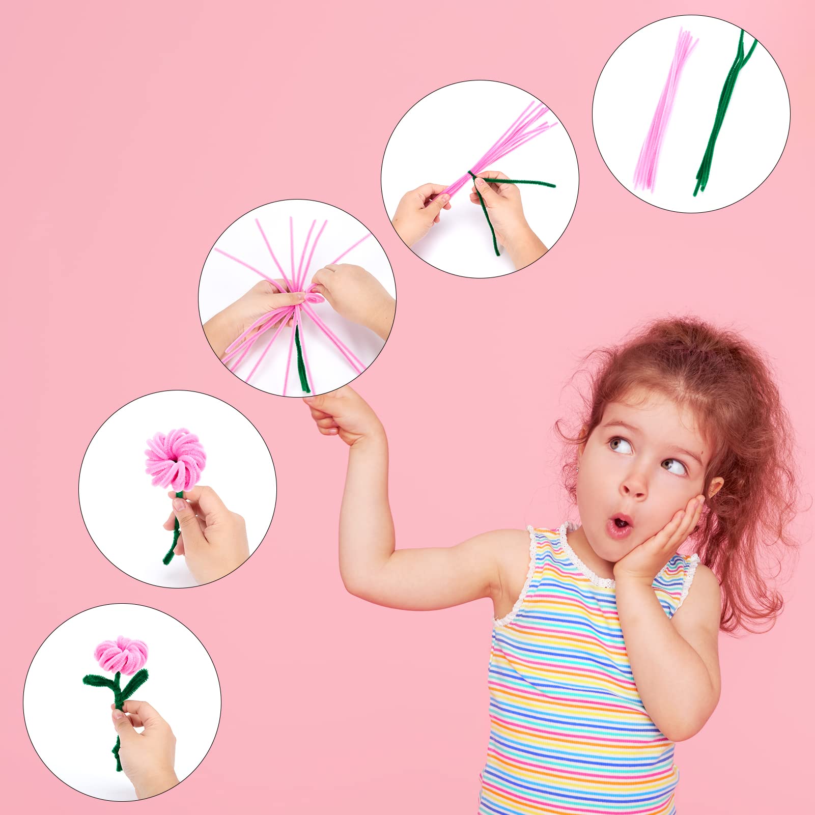 Caydo 200 Pieces Pink Pipe Cleaners Craft Chenille Stems for Holiday Day Gift, DIY Art Creative Crafts Projects Decoration(6 mm x 12 Inch)
