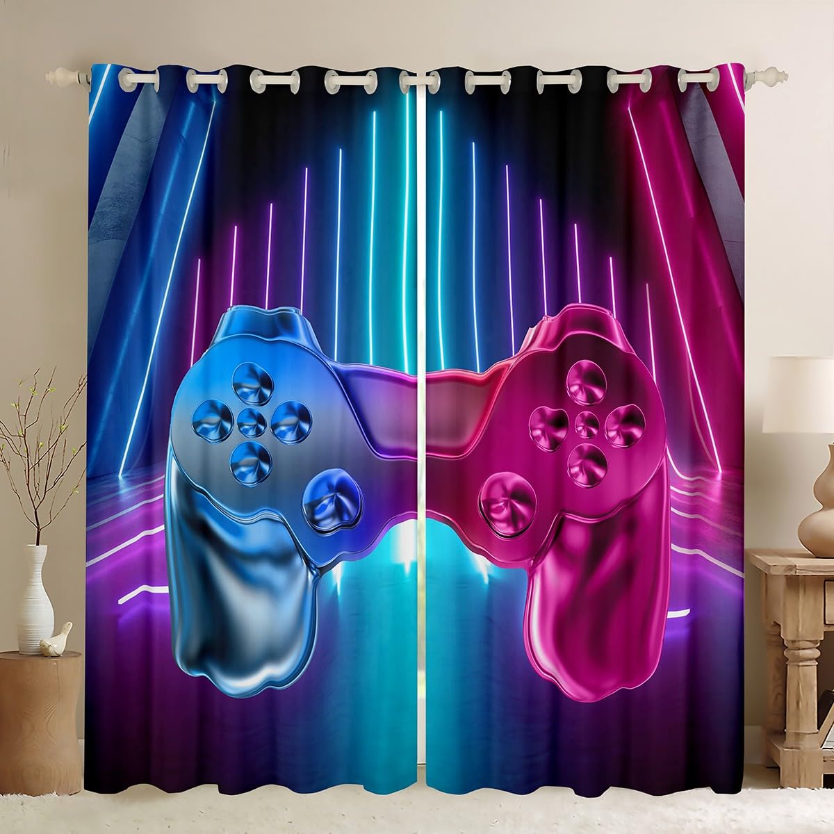 3D Gamepad Curtains for Bedroom Living Room Gradient Video Game Gamepad Printed Curtains for Kids Boys Neon Lights Galaxy Windows Drapes Game Controller Room Decoration,W46*L54