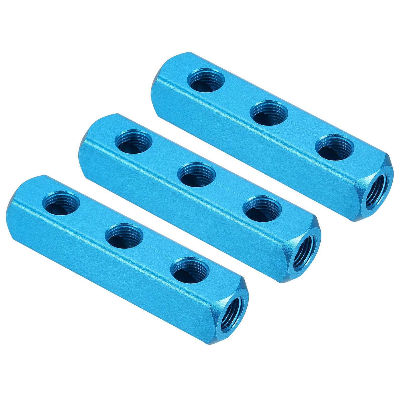 PATIKIL 3 Way 6 Port Air Manifold, 3 Pack G1/4 Inch Aluminum Air Hose Inline Manifold Block Splitter Pneumatic Air Hose Fitting, Blue