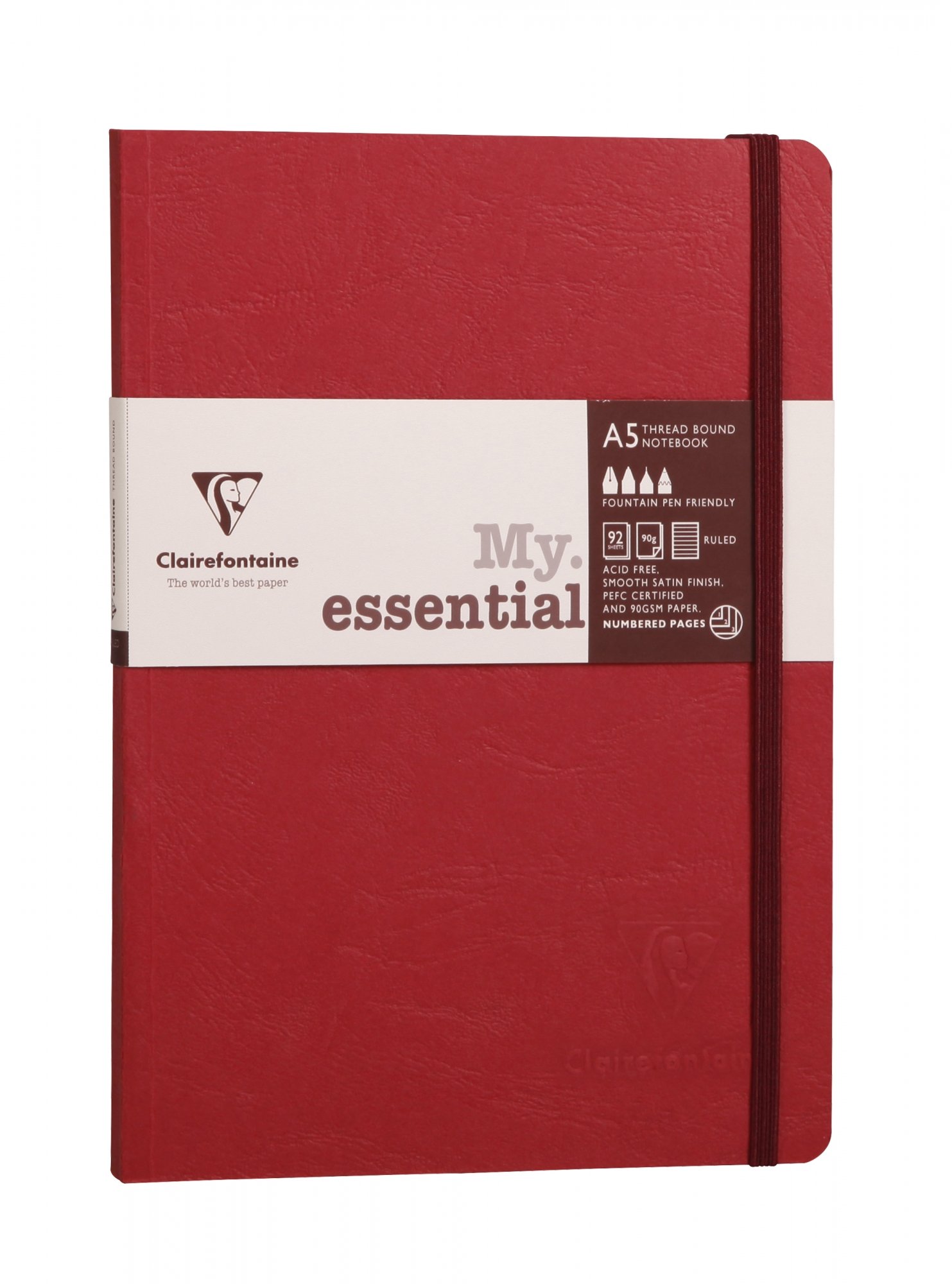 Clairefontaine 793462C Collection Age Bag Stitched MyEssential Elastic Notebook Red - A5 14,8x21cm - 192 Numbered Lined Pages - 90g Ivory Paper - Leather Cover