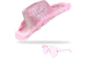 YBHOMINE Cowboy Hat with Heart Sunglasses - Cowgirl Hat with Feather Boa Brim for Women&Men,Bachelorette Party Halloween