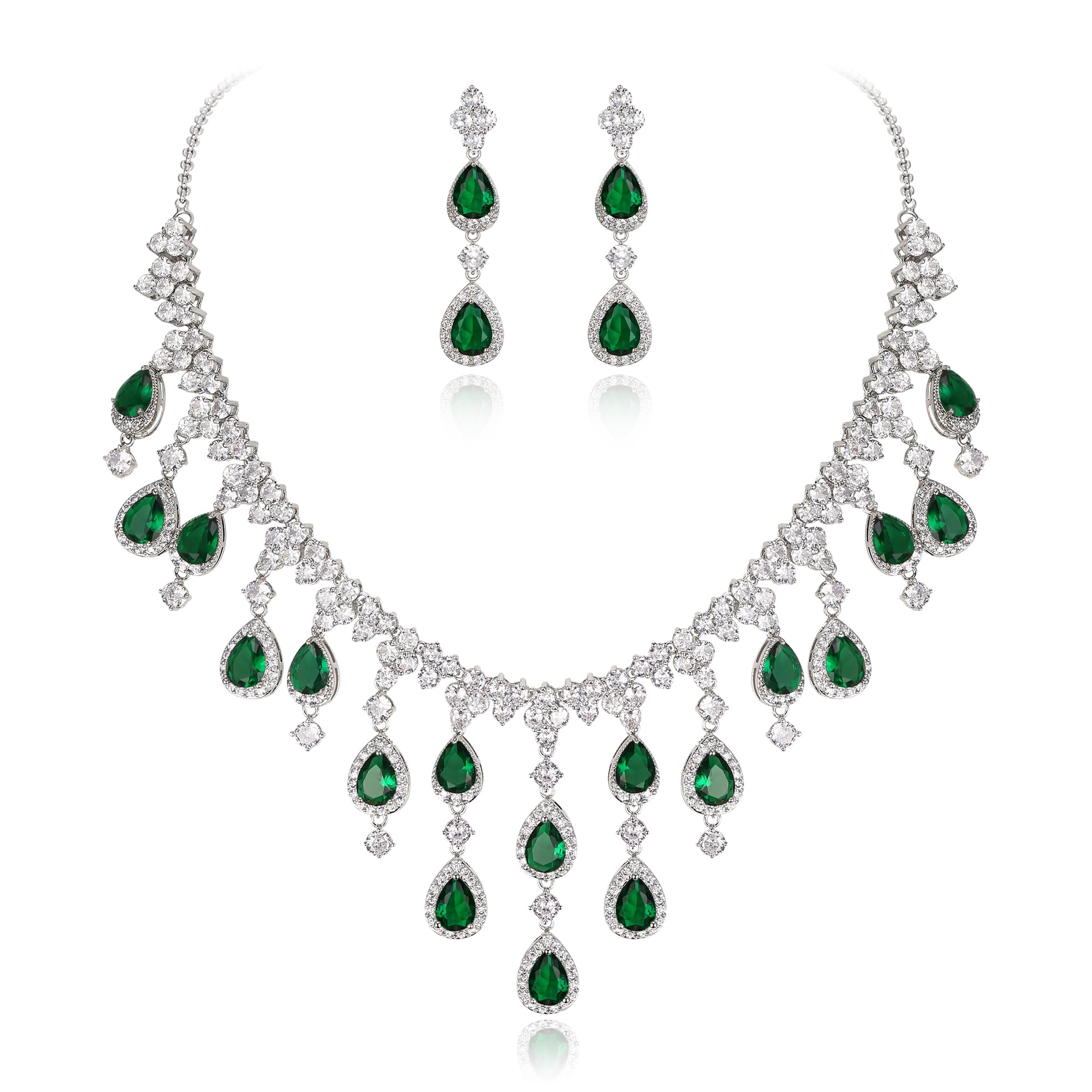 Ever Faith Women's Cubic Zirconia Gorgeous Teardrop Dangle Necklace Earrings Set Green Silver-Tone