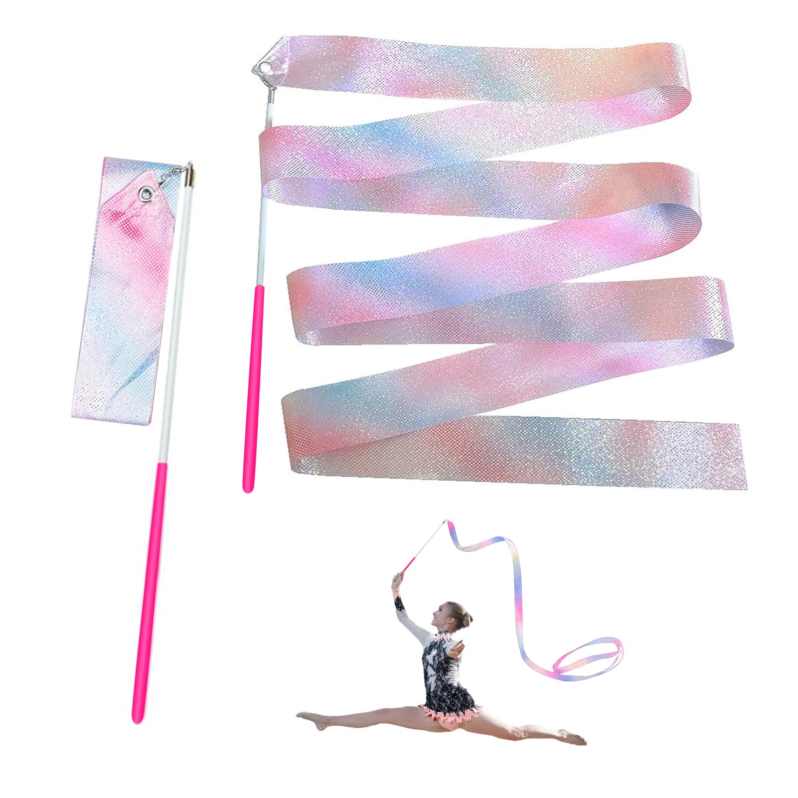 Lpolkvemelh 2 Packs Gymnastic Dance Ribbons, 78.7 inches Sparkling Rhythmic Dancing Ribbon with Pink Wands, Children Colorful Flashing Dancers Twirling Streamers for Home Game Talent show