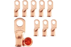 JOYPXF 10Pcs 1/0 AWG 3/8" Stud Heavy Duty Copper Wire Lugs 1/0 Gauge Copper Ring Terminals Battery Cable Ends Bare Copper Eyelets Tubular Ring Terminal for Car Boat Marine