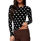 Women Y2k Long Sleeve Polka Dot Shirt Dot Print Slim Fit Crop Top Crew Neck Trendy Going Out Tee Shirt